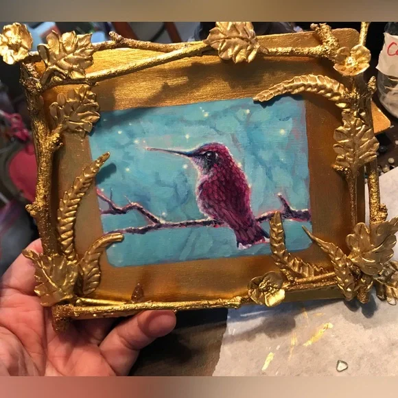 Magenta hummingbird original painting sculpture bird artwork Ooak fantasy art - Picture 7 of 8